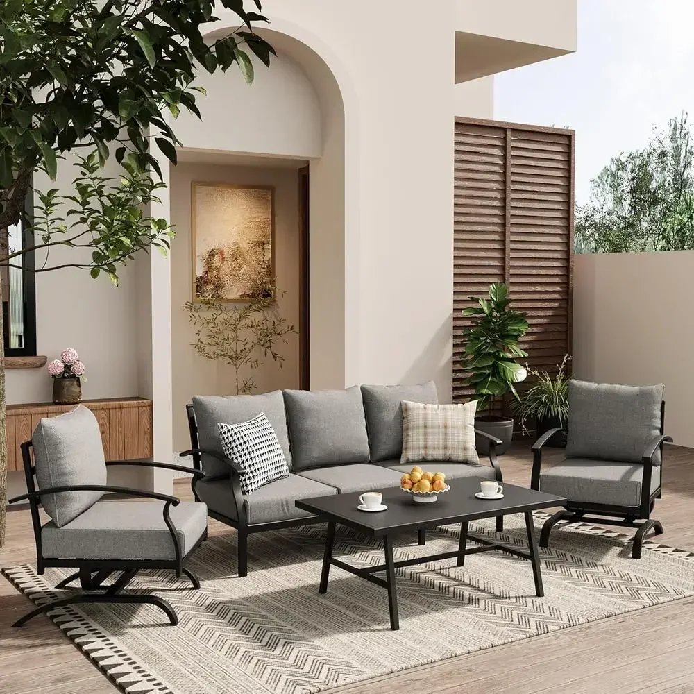グレーの屋外用金属製パティオ家具セット。コーヒーテーブルとロ - Outdoor Furniture Metal Chairs のレビューと価格