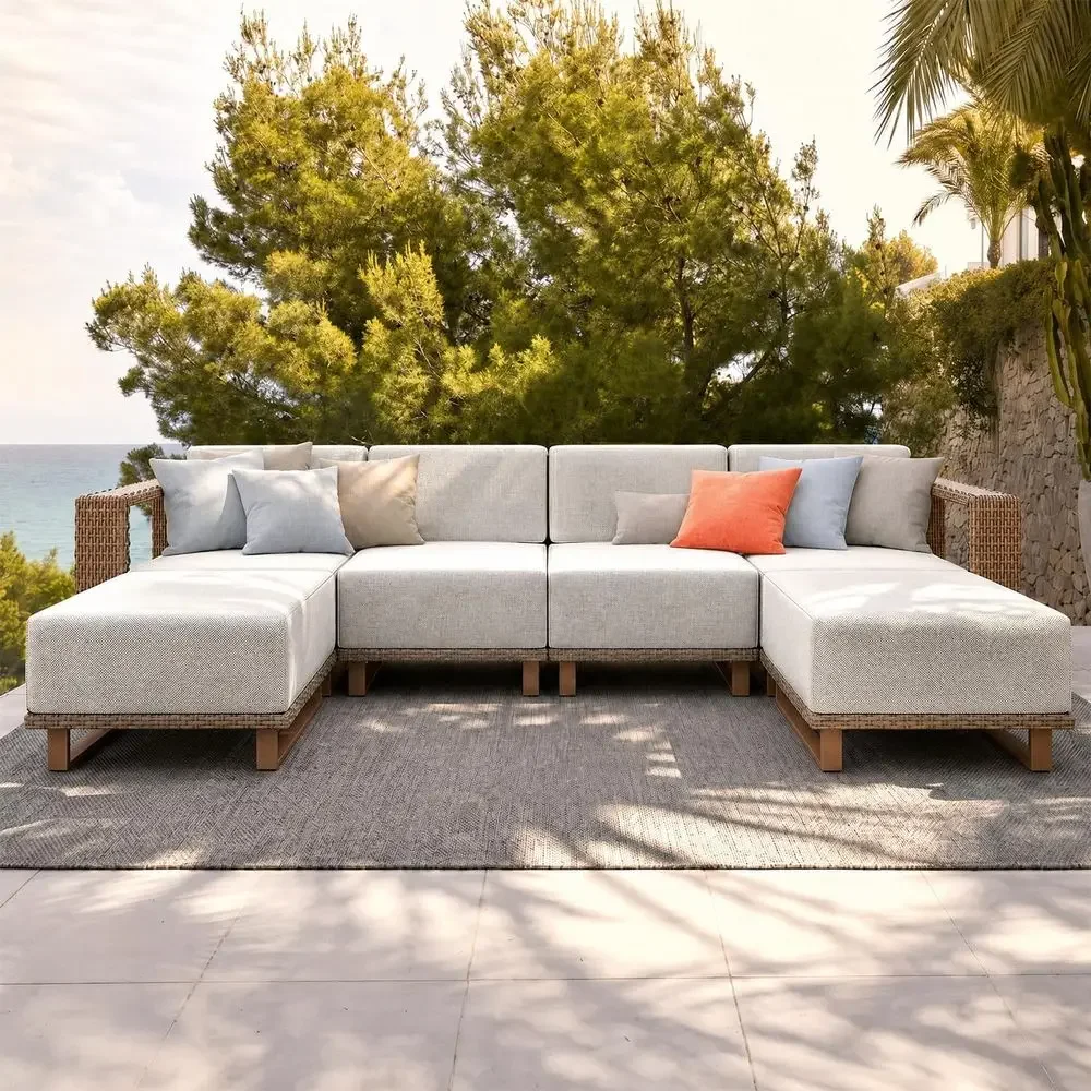 6ピース屋外用籐製ソファセット、厚いクッション付き、パティオ - Outdoor Furniture Luxury のレビューと価格